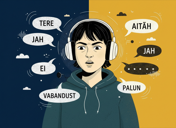 Person listening with headphones and dialogue bubbles