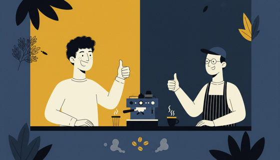 Person successfully ordering coffee with thumbs up