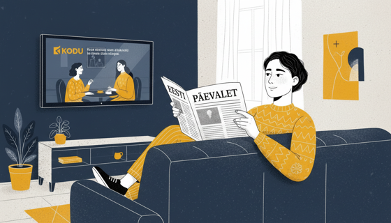 Person reading Estonian newspaper and watching TV comfortably