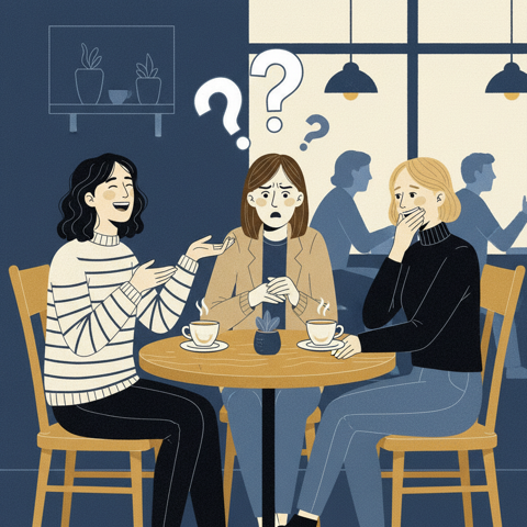 Couple at table, one laughing at inside joke, other confused