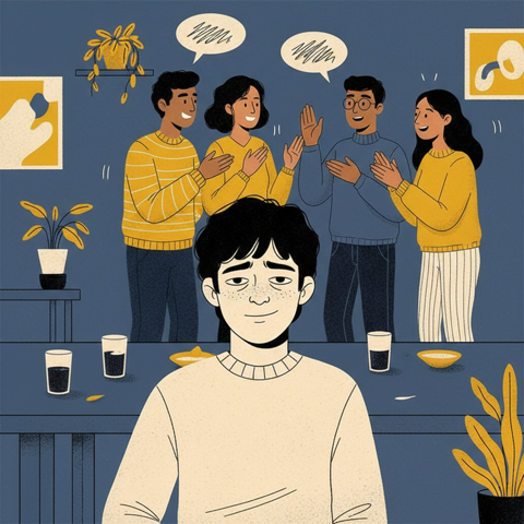 Person nodding awkwardly while friends chat